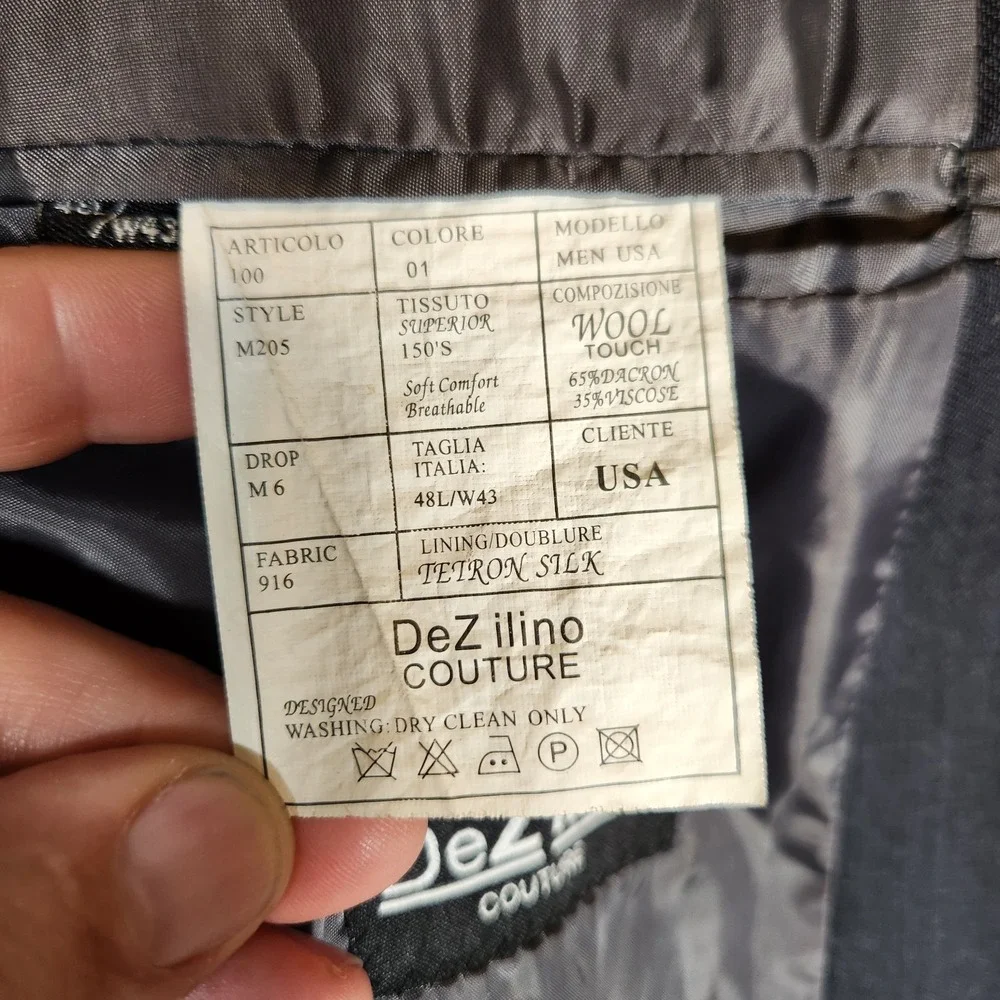 DeZilino Couture Suit‎ Blazer 48L Gray Wool Touch Super 150s 2 Button